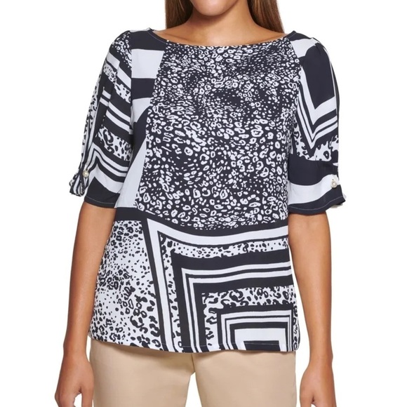 DKNY Women’s NWT Petite Printed Imitation Pearl-Trim Black and White Top size M - Picture 1 of 15